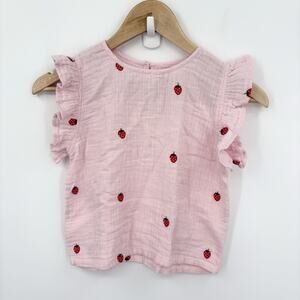 Pink Chicken Top Girls 8 Years Ingrid Embroidered Strawberry Boho Ruffle Gauze